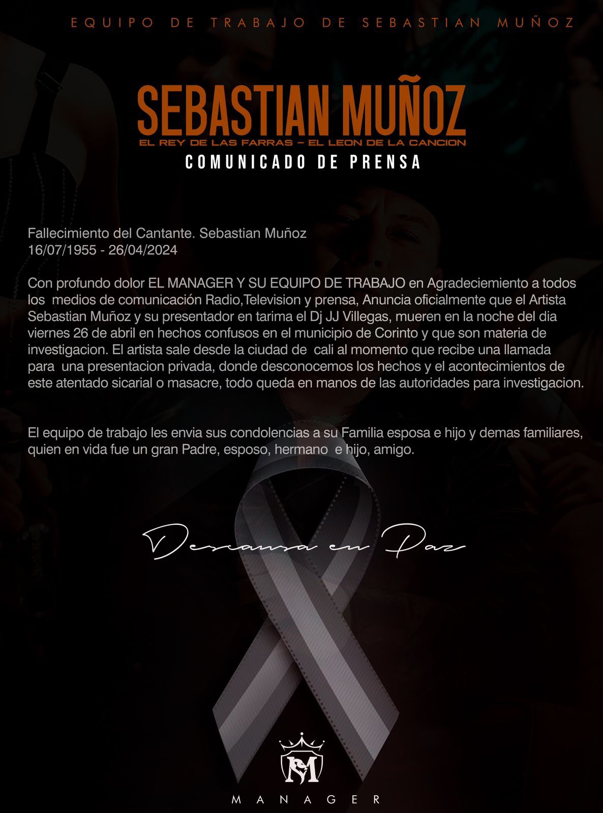 Este fue el comunicado publicado por el equipo de Sebastián Muñoz.