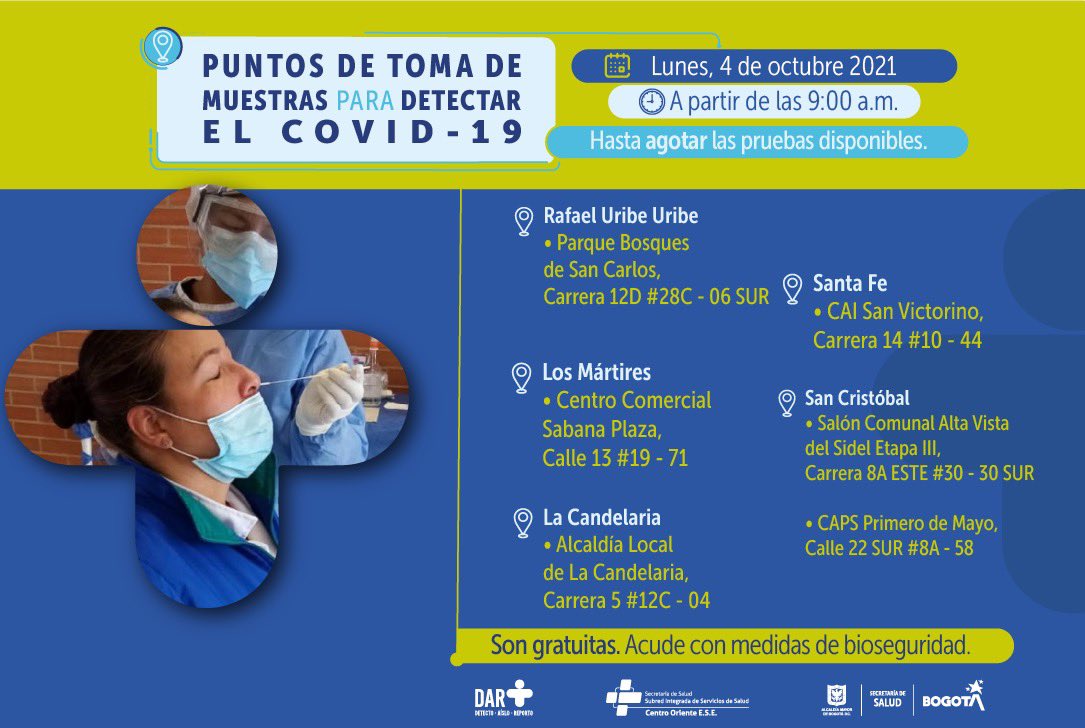 ¿Dónde hay pruebas gratuitas para Covid-19 este lunes 4 de octubre en Bogotá?
