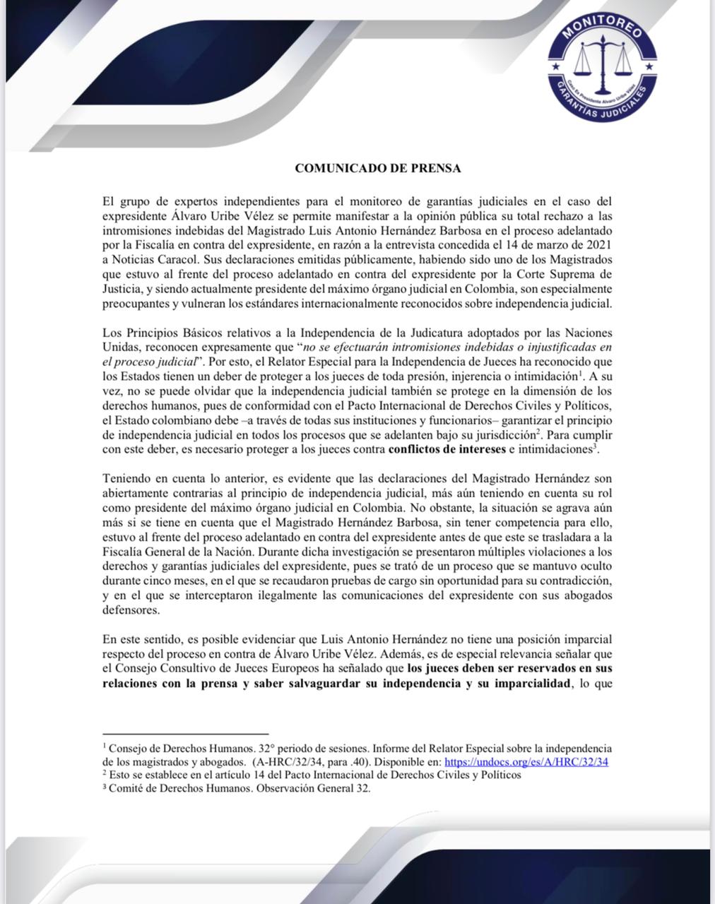 Comunicado equipo de monitoreo del caso Uribe"