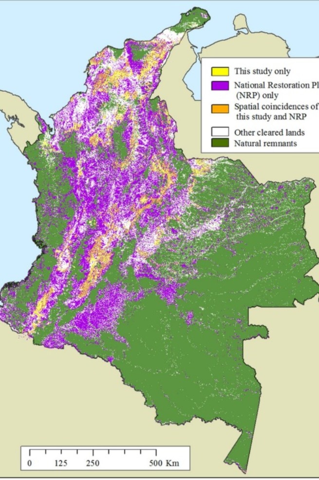 Amarillo: áreas priorizadas por el estudio de Etter.
Morado: áreas priorizadas por el plan de Restauración en 2015.
Naranja: áreas que coinciden entre ambos planes.