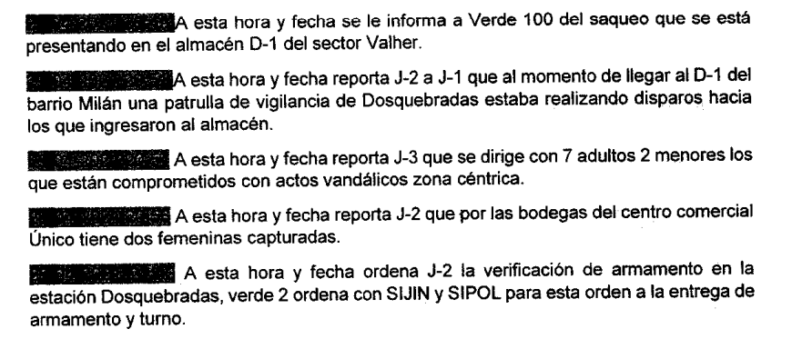 Bitácora de la Policía en Pereira el 29 de abril del 2021.
