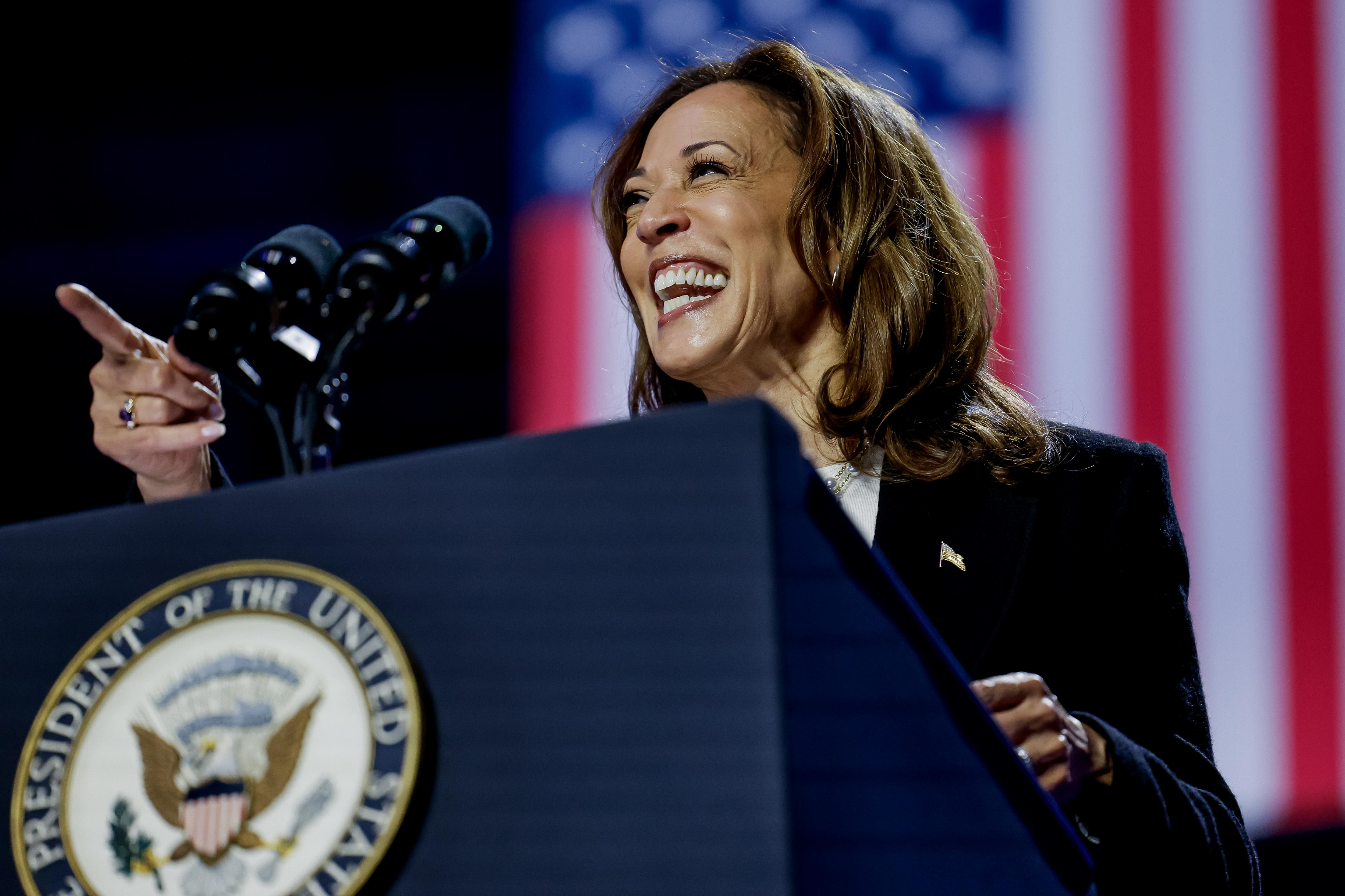 Charlotte (United States), 12/09/2024.- US Vice President and Democratic presidential nominee Kamala Harris speaks during a campaign rally at the Bojangles Arena in Charlotte, North Carolina, USA, 12 September 2024. Harris is running against former US President and Republican nominee Donald Trump. EFE/EPA/ERIK S. LESSER