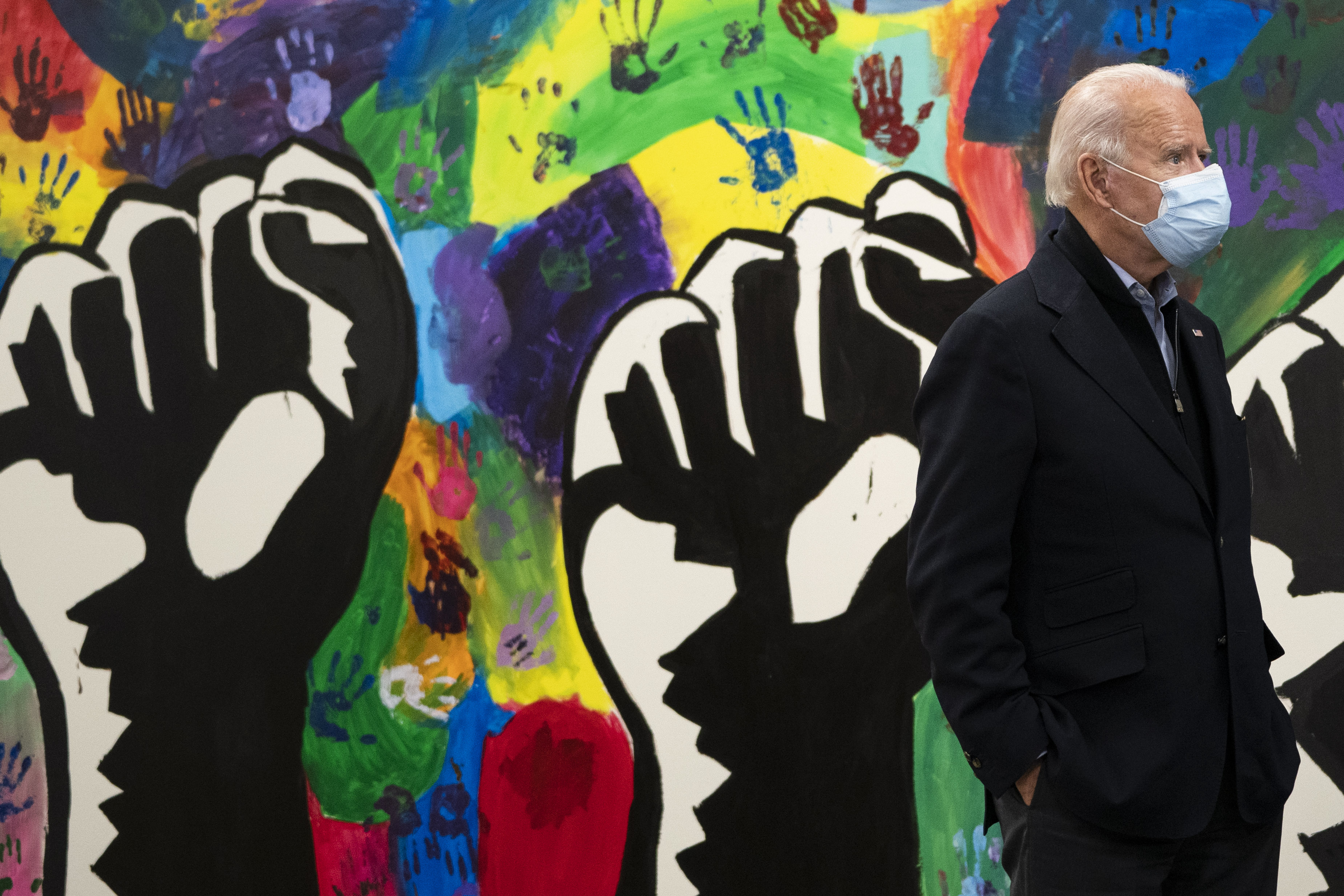 WILMINGTON, DE - NOVEMBER 03: Democratic presidential nominee Joe Biden makes a stop at The Warehouse, a community center for teens in East Wilmington, on November 03, 2020 in Wilmington, Delaware. After a record-breaking early voting turnout, Americans head to the polls on the last day to cast their vote for incumbent U.S. President Donald Trump or Democratic nominee Joe Biden in the 2020 presidential election.   Drew Angerer/Getty Images/AFP
