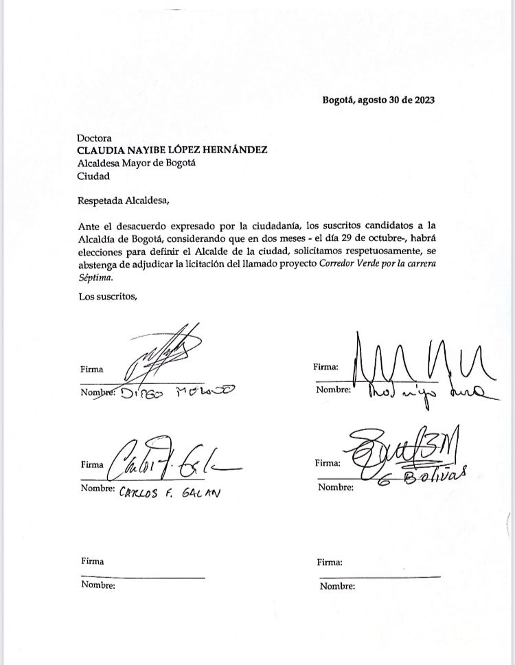 Carta firmada por candidatos a la Alcaldía de Bogotá, para frenar el Corredor Verde.