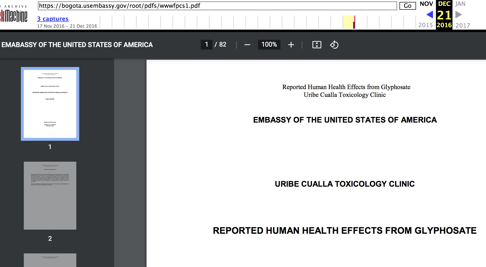 Informe de Uribe Granja estuvo publicado en la página de la Embajada de Estados Unidos al menos hasta 2016, según confirma el Internet Archive Wayback Machine.
