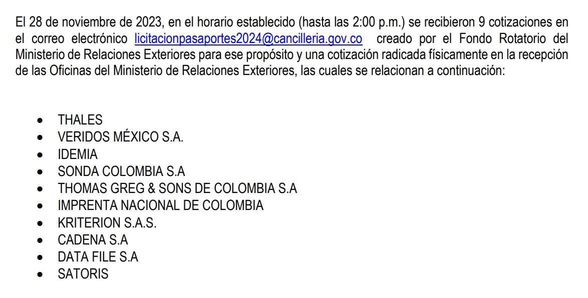 Estas son las diez empresas que presentaron cotizaciones a la Cancillería.