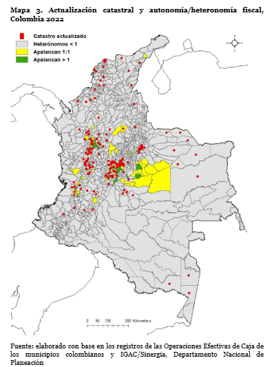 Mapa 3. Actualización catastral y autonomía/heteronomía fiscal, Colombia 2022.