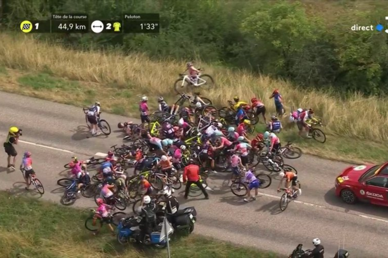 A 45 kilómetros del final, una de las ciclistas perdió el control de su bicicleta ocasionando el accidente.