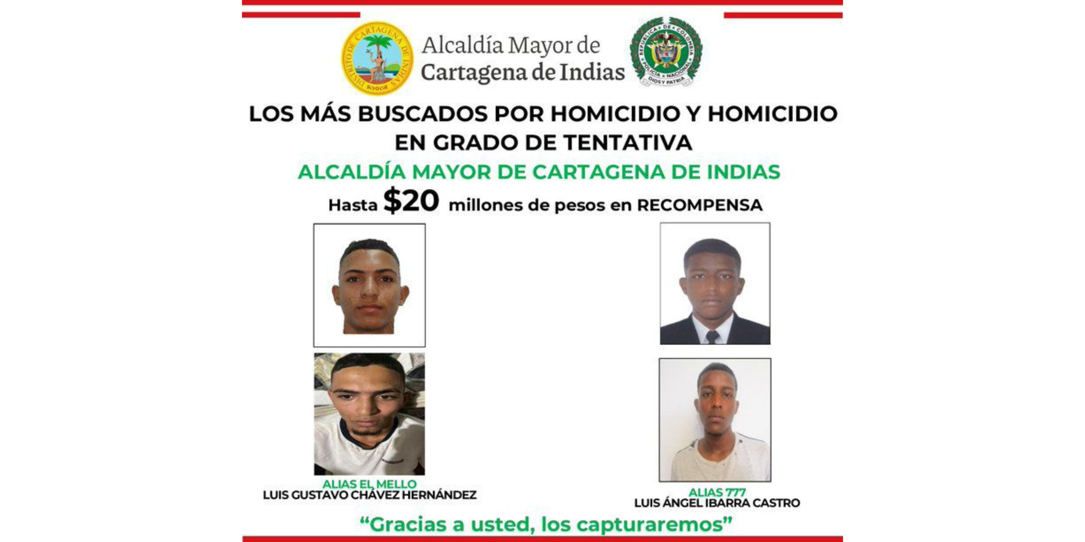 Este es el cartel de los más buscados en Cartagena por homicidio y homicidio en grado de tentativa, donde aparecen alias ‘El Mello’ y ‘Triple 7’.