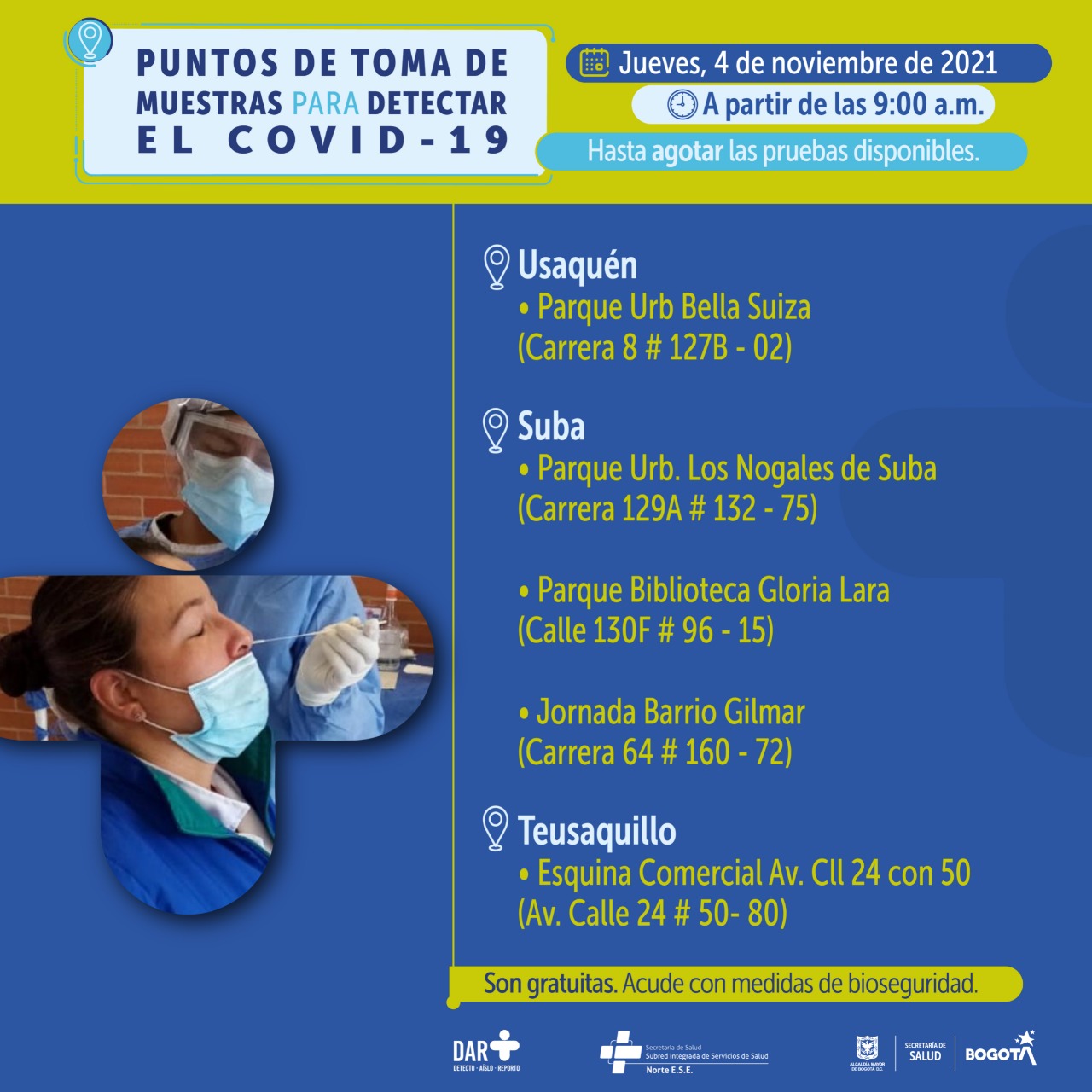 ¿Dónde hay pruebas gratuitas para Covid-19 este jueves en Bogotá?