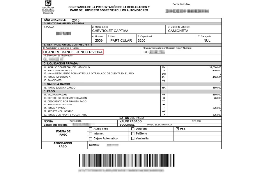 Esta es la declaración y el pago de impuesto vehicular de Lisandro Junco, en poder de la firma SFM.