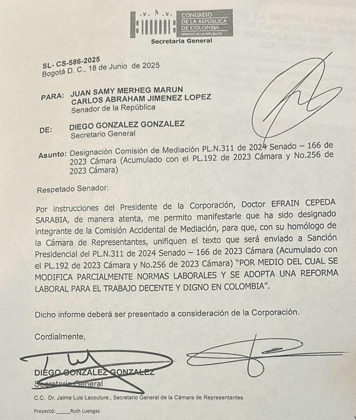 Oficio en el que se designan los conciliadores del Senado para la reforma laboral.