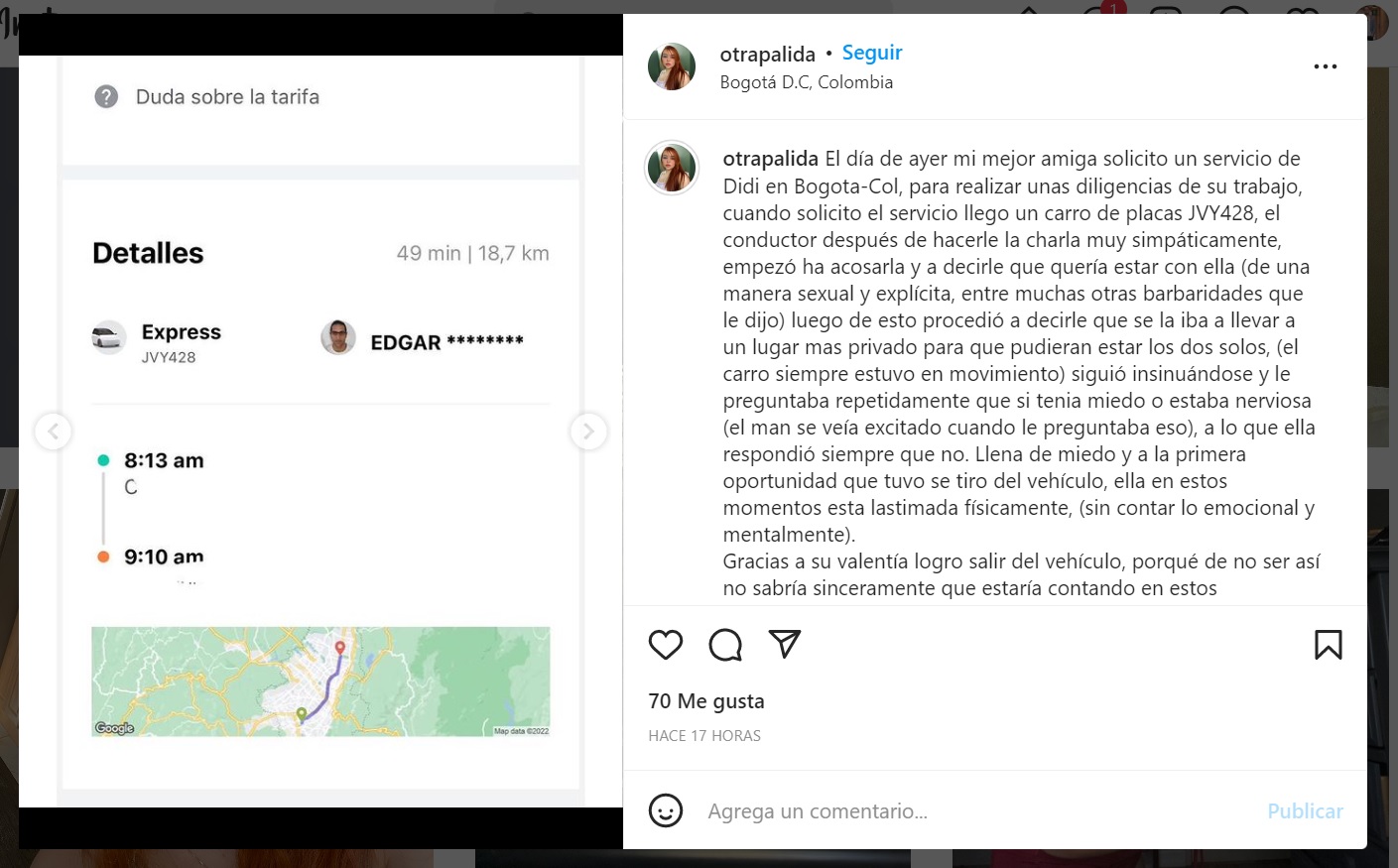 Publicación en Instagram con la denuncia.