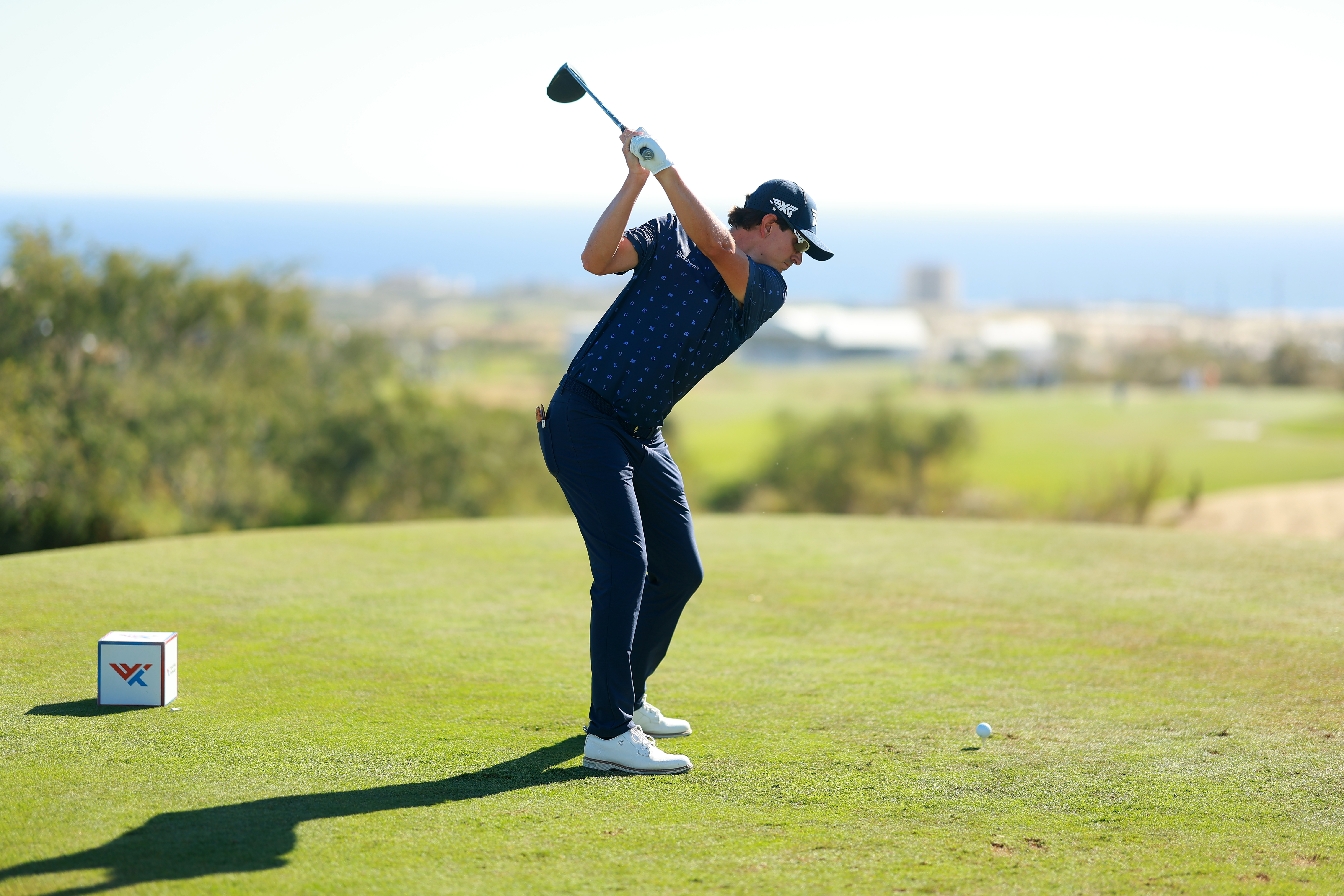 CABO SAN LUCAS, MEXICO - NOVEMBER 09: Nico Echavarria of Colombia plays his shot from the 18th tee during the third round of the World Wide Technology Championship 2024 at El Cardonal at Diamante on November 09, 2024 in Cabo San Lucas, Mexico. (Photo by Hector Vivas/Getty Images)