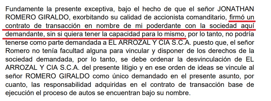 Documento de un apoderado judicial de El Arrozal y Cía. sobre el contrato que firmó Jonathan Giraldo Romero.