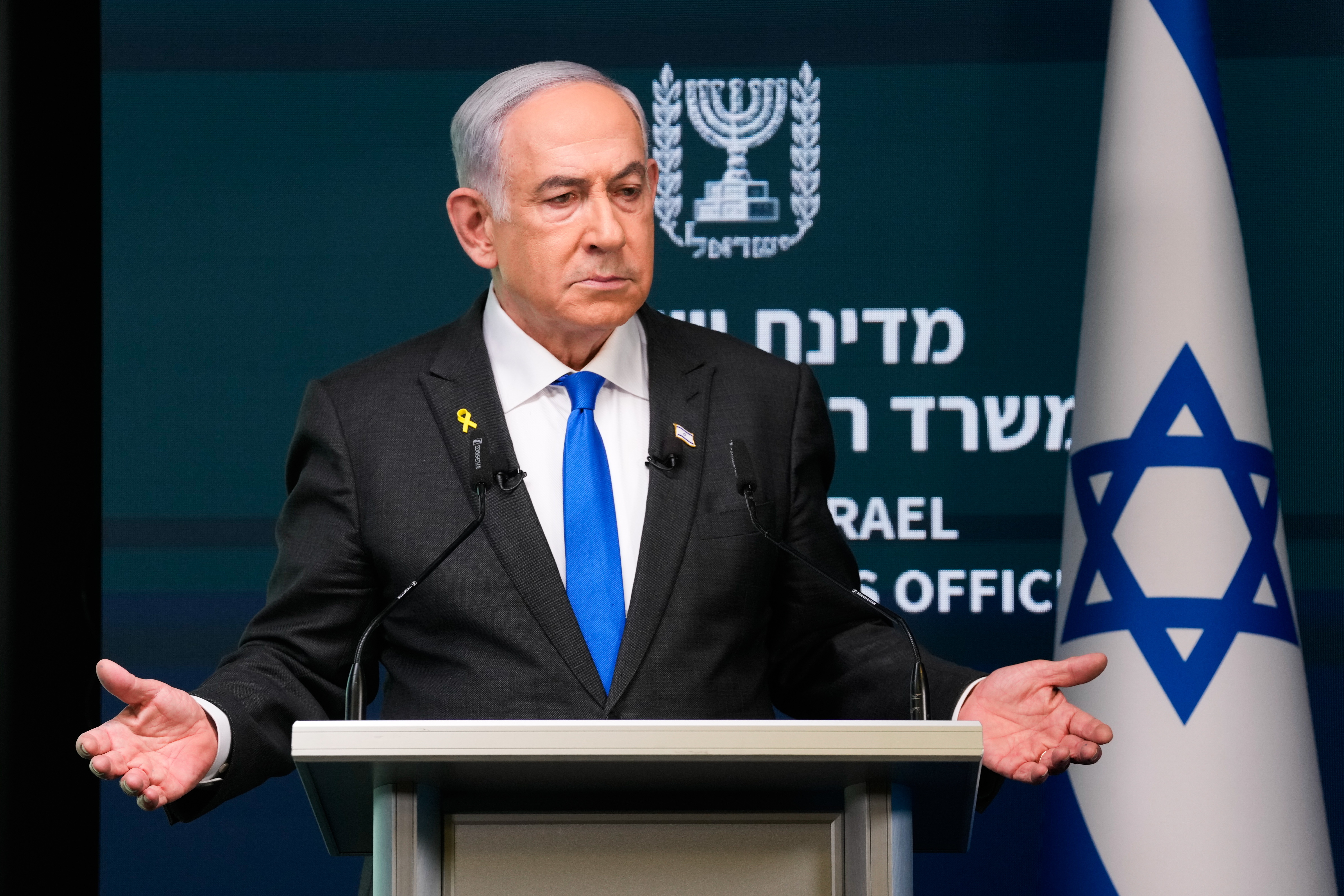 Jerusalem (-), 02/09/2024.- Israeli Prime Minister Benjamin Netanyahu speaks during a news conference in Jerusalem, 02 September 2024. The Israeli Prime Minister said, among other things, that Israel 'must have control' over Philadelphi Corridor, a narrow strip of land along the border between the Gaza Strip and Egypt. (Egipto, Jerusalén) EFE/EPA/OHAD ZWIGENBERG / POOL