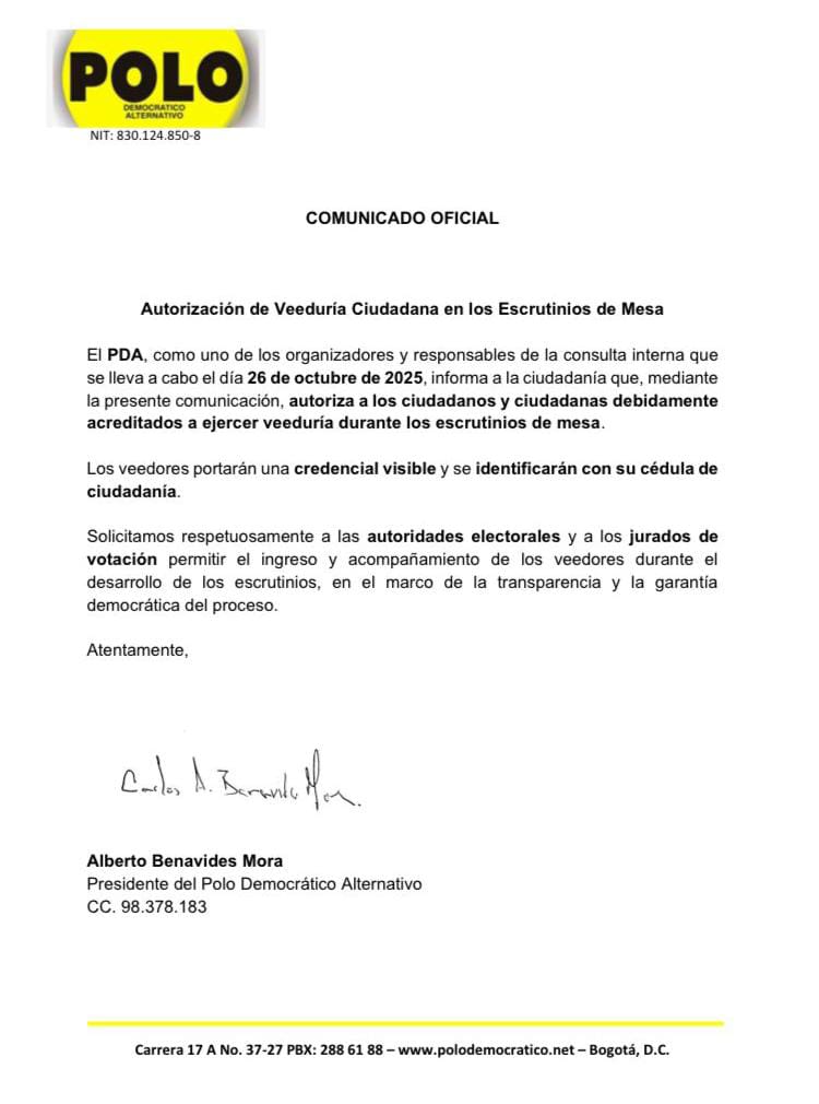 Carta del Polo Democrático autorizando la veeduría.