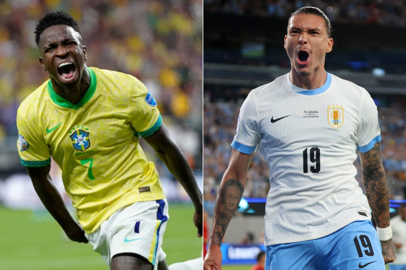 Vinicius Jr. (izq.) se enfrentará ante Darwin Núñez en el partido entre Brasil y Uruguay por las Eliminatorias.