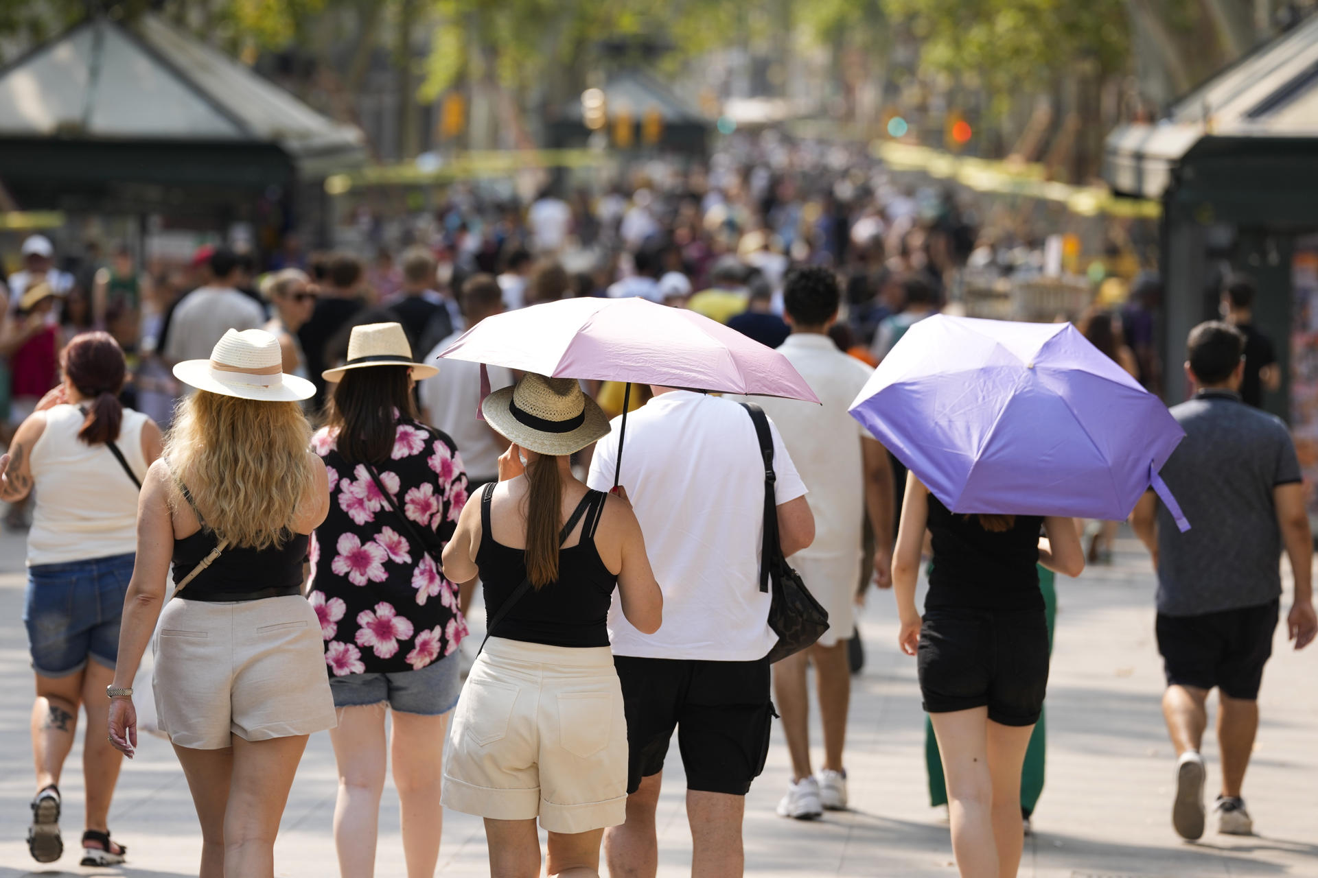 BARCELONA, 17/08/2025.- Un grupo de turistas se protege del sol con sombrillas este domingo en Barcelona. La larga ola de calor que afecta a España desde comienzos de agosto encara la recta final, pero hoy deja uno de los días más sofocantes, con temperaturas que a primera hora de la tarde marcaban 44,3 grados en Morón de la Frontera (Sevilla) y por encima de los 40 en muchas provincias. EFE/ Alejandro García