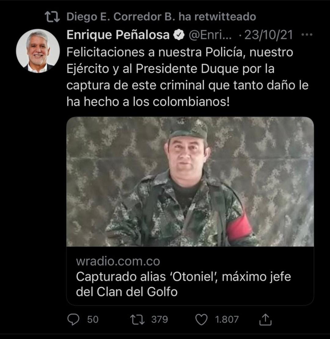 El magistrado Corredor retuiteó el trino, lo que para algunos es una muestra de falta de imparcialidad en el caso contra el capo.