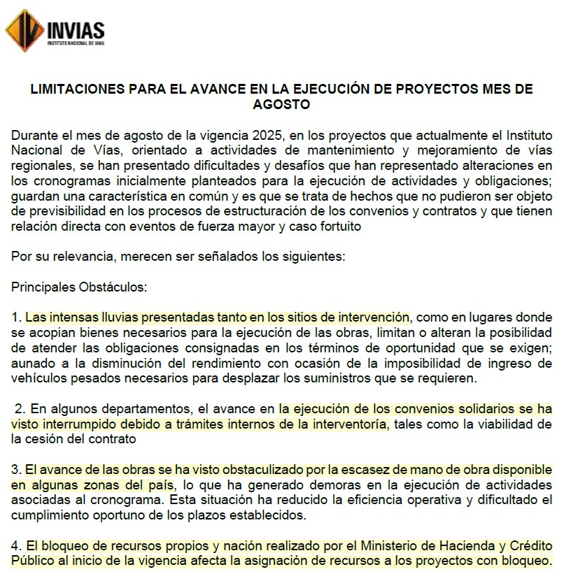 Documento del Invías que explica qué frena el desarrollo de vías a su cargo.