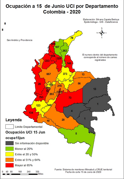 Mapa de ocupación de unidades de cuidado intensivo por departamentos.