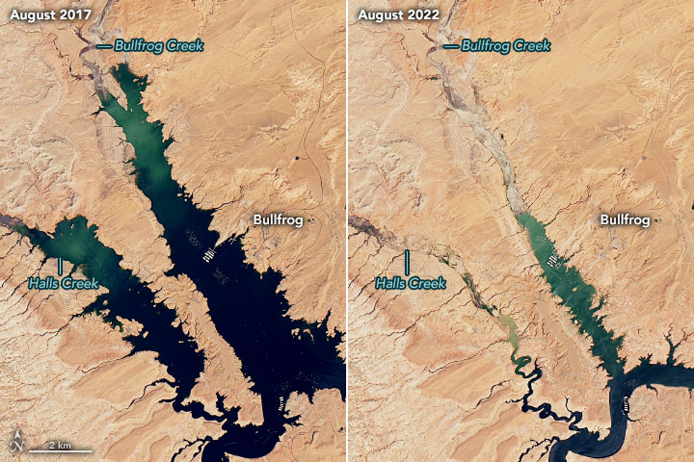 Comparación del lago Powell entre 2017 y 2022.