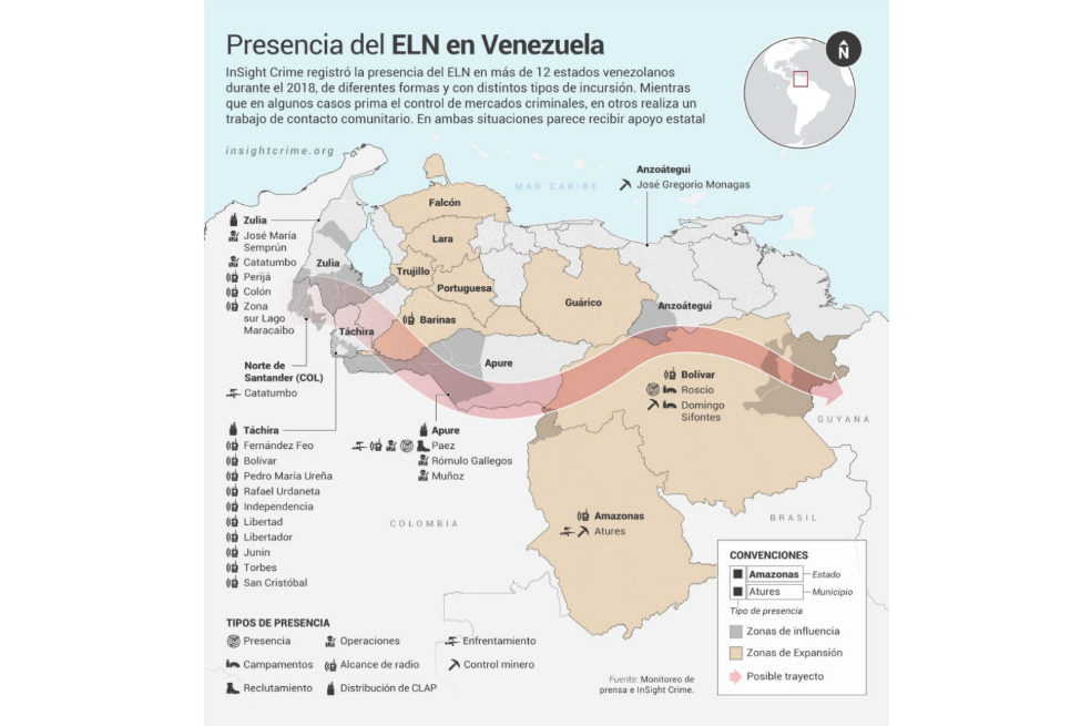 Este es el mapa que elaboró Insight Crime en donde registra la presencia del ELN en territorio venezolano.  / Insight Crime