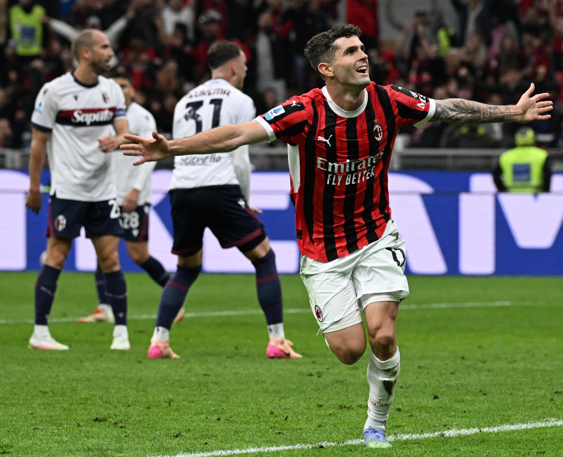 MILAN (Italy), 09/05/2025.- Milan’s Christian Pulisic celebrates after scoring the 2-1 goal during the Italian Serie A soccer match between AC Milan and Bologna FC 1909, in Milan, Italy, 09 May 2025. (Italia) EFE/EPA/Daniel Dal Zennaro