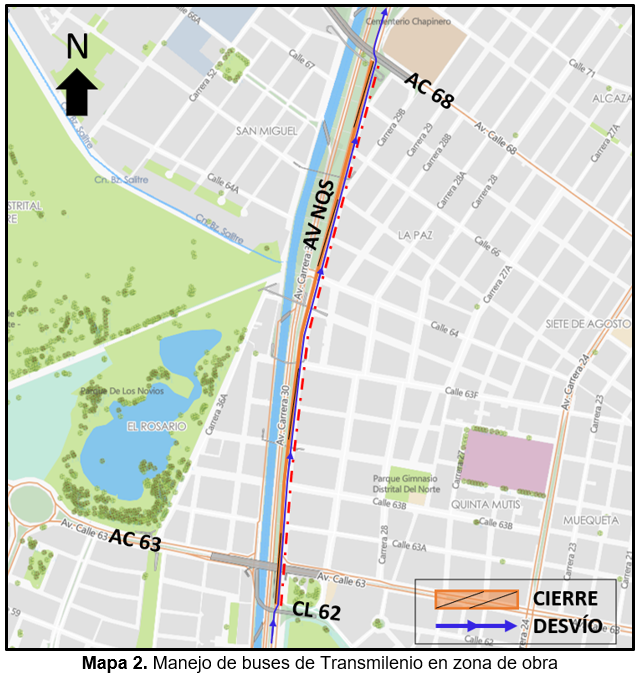Manejo de buses de Transmilenio en zona de obra