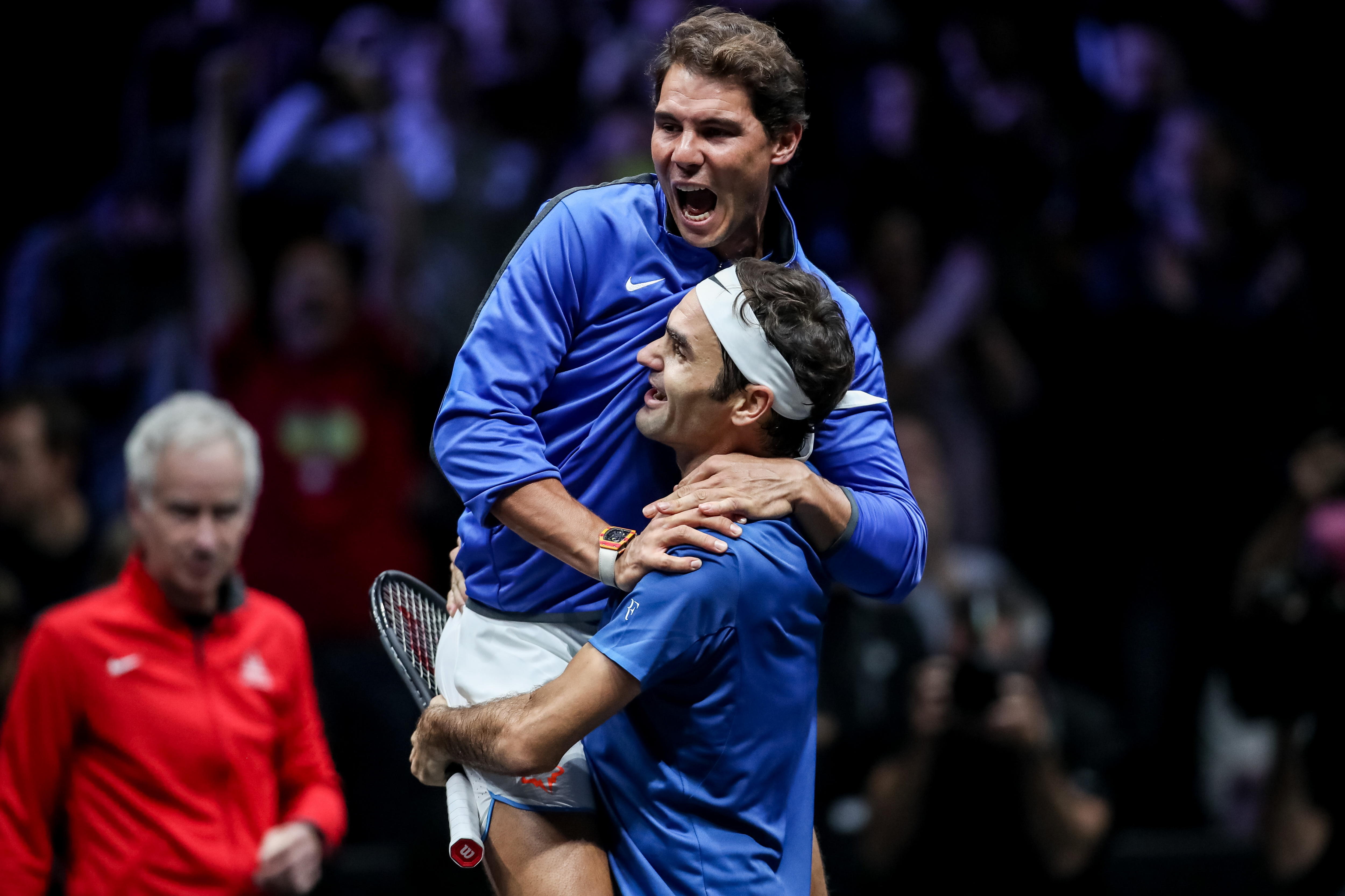 Prague (Czech Republic), 24/09/2017.- (FILE) - Switzerland's Roger Federer (down) and Spain's Rafael Nadal of the Team Europe celebrate after winning the Laver Cup tennis tournament in Prague, Czech Republic, 24 September 2017 (reissued 10 October 2024). On 10 October 2024, Rafael Nadal of Spain announced that he will retire from professional tennis. Since winning his first ever title in 2004, Nadal won 92 titles, including 22 grand slams and a record 14 French Open titles. (Tenis, Abierto, República Checa, España, Suiza, Praga) EFE/EPA/MARTIN DIVISEK *** Local Caption *** 53790393