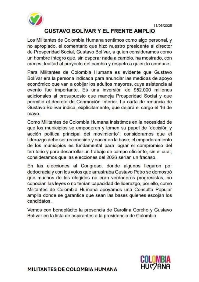 Este es el pronunciamiento de Militantes Colombia Humana sobre el episodio entre el presidente Gustavo Petro y el director del DPS, Gustavo Bolívar.