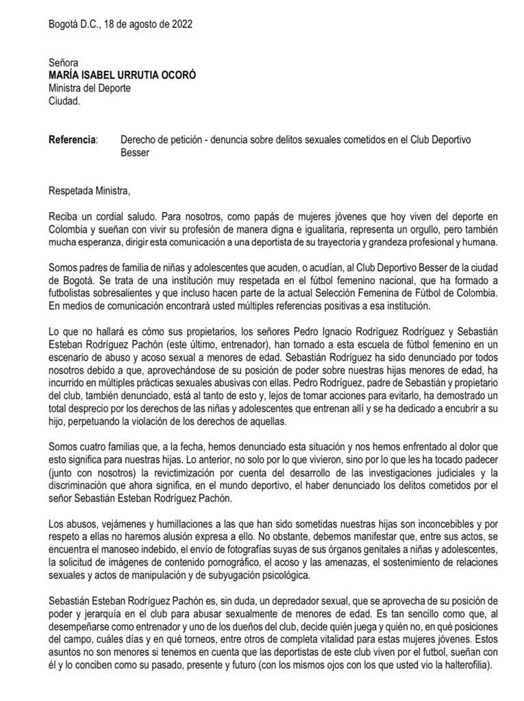 Este es el derecho de petición de los padres de familia del club Besser al Ministerio del Deporte.