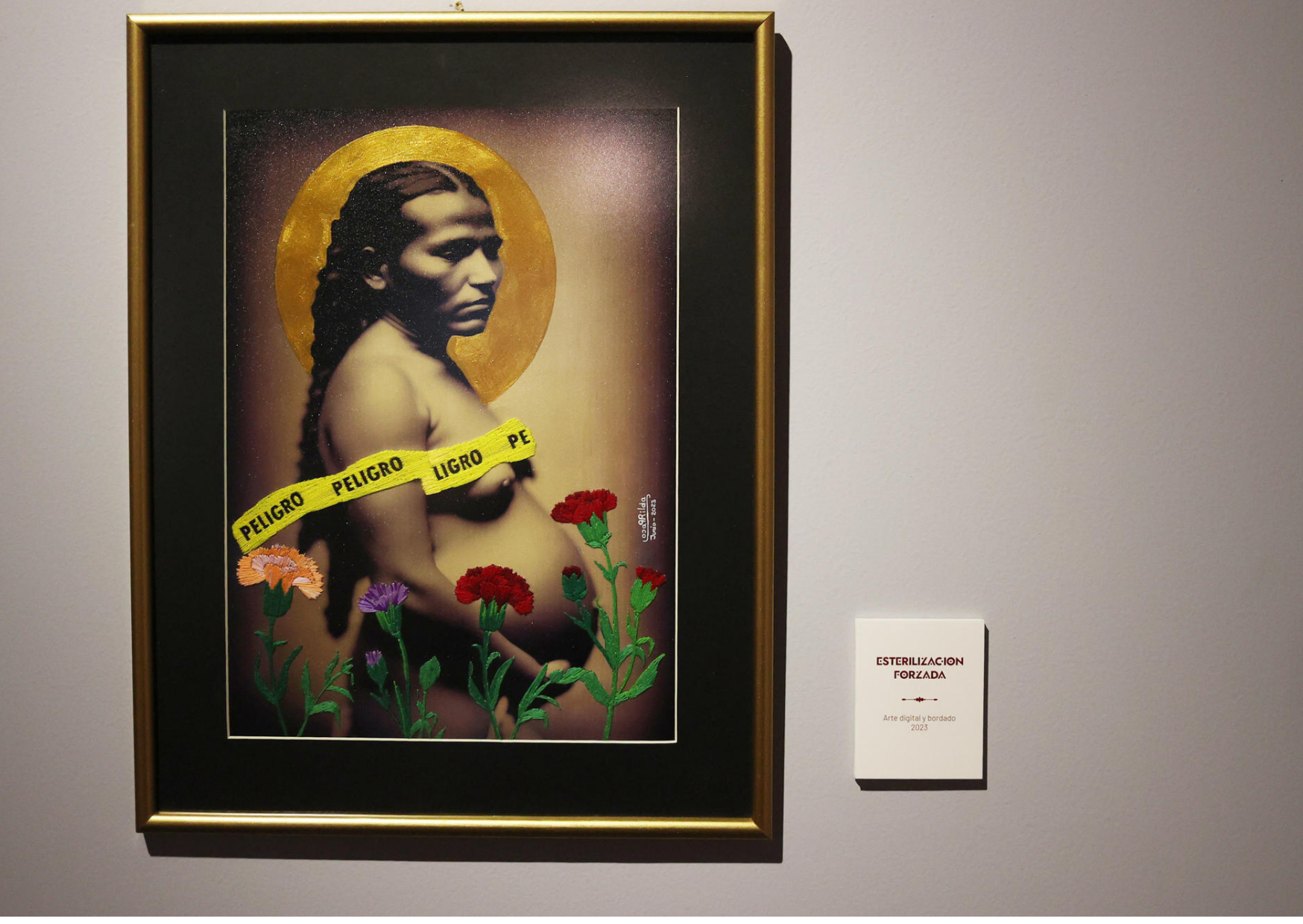 Fotografía de la obra "Esterilización Forzada" de la artista Rilda Paco durante la exposición "Mujer Peligro Mujer"