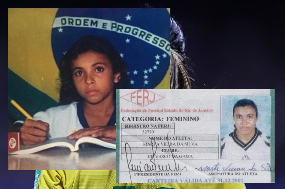 Marta (izq.), en su infancia. A la derecha, el primer carné de afiliación a Vasco da Gama, cuando tenía 14 años.