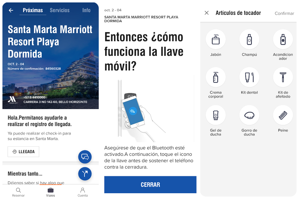 Algunas de las herramientas de la aplicación Marriott Bonvoy, servicio, tecnología y seguridad en cada momento.