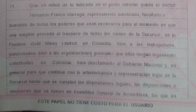 Captura tomada de la página 3 de la formalización de la escritura de la empresa Frontino Gold Mines a sus trabajadores y pensionados.