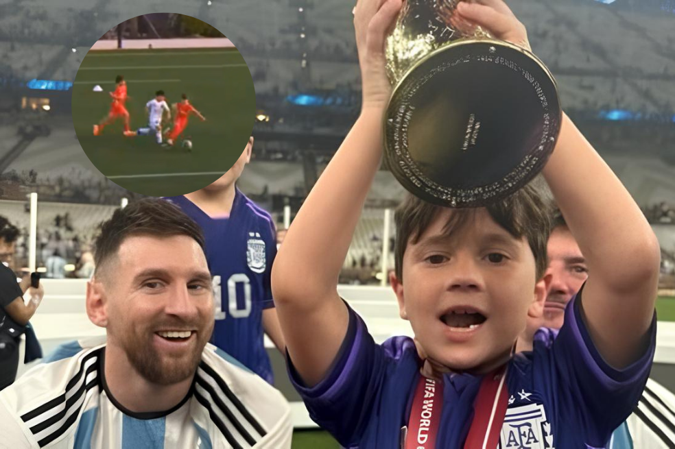 Mateo Messi (der.), uno de los tres hijos de Lionel Messi (izq.).