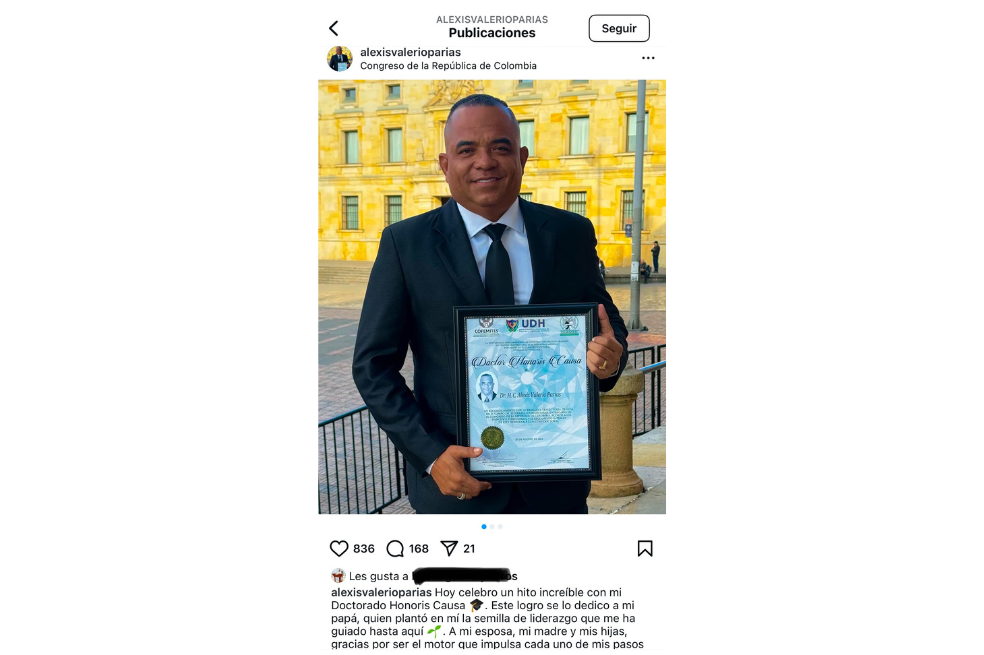 “No parece coincidencia que el año pasado la misma universidad [que entregó el doctorado a Xavier Vendrell] entregara el reconocimiento doctoral a la congresista Juliana Aray, hija adoptiva de Blel, y a un alcalde local cartagenero que es ficha suya (Alexis Valerio)”.