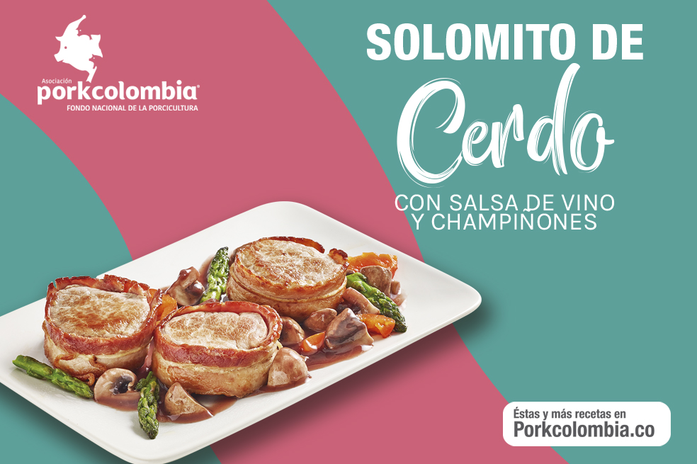Corte el solomito de cerdo en medallones de 100 gr aproximadamente. Rodee el medallón con tocineta y sujételocon un palillo. Salpimiente y lleve a la parrilla, sartén o a la grill para sellarlo.Después de sellarlo por todas sus caras puede optar por terminar su cocción a término deseado en un horno o en la misma parrilla, sartén, grill (bajando la temperatura), si se van a mantener en samovares puede dar un buen sellado y llevarlo a que termine cocción en el samovar.Para la salsa: Realice la salsa de champiñones y vino tinto picando finamente los champiñones, salteándolos con cebolla, añádale al vino un poco de caldo de carne de cerdo y deje reducir hasta que quede denso. Adicione sal y pimienta al gusto.Para las papas lave las papas, cocínelas y haga un puré, con la mantequilla y la crema, queso parmesano, sal, pimienta y adicione tomillo.Para la ensalada saltee los espárragos y ponga a hornear los pimientos con aceite de oliva.