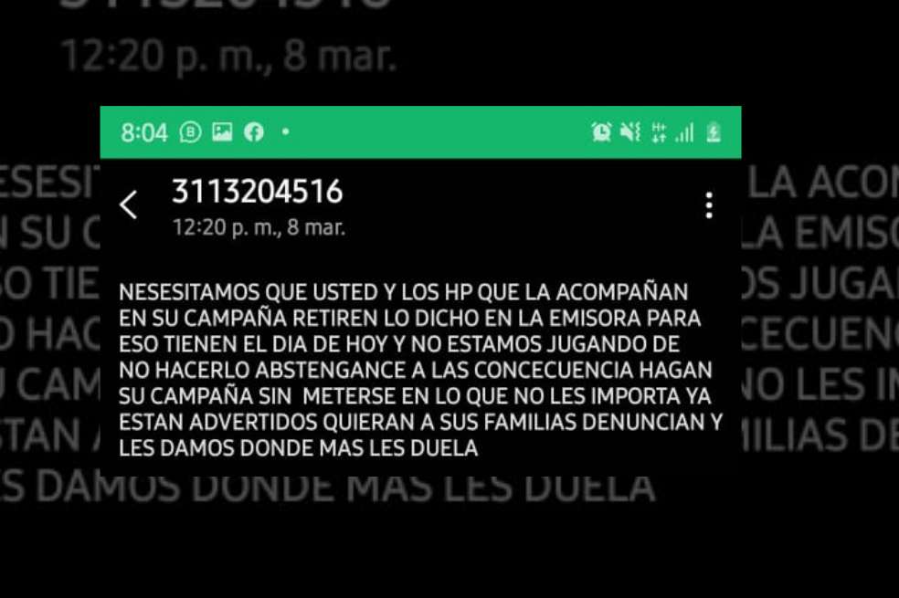 Este es el mensaje de amenaza que recibió Yeimis Paternina tras interponer la denuncia.