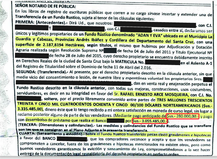 Extracto de la Escritura Pública de Transferencia del predio “Adán y Eva” efectuada el 11 de noviembre de 2021.