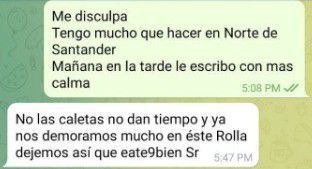 Captura de pantalla de uno de los chats que recibió Rodrigo Londoño, directivo del Partido Comunes.
