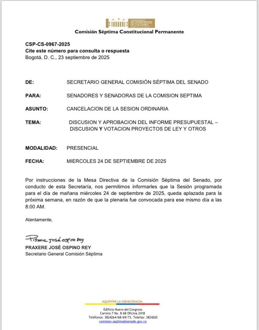 Notificación de la Comisión Séptima.