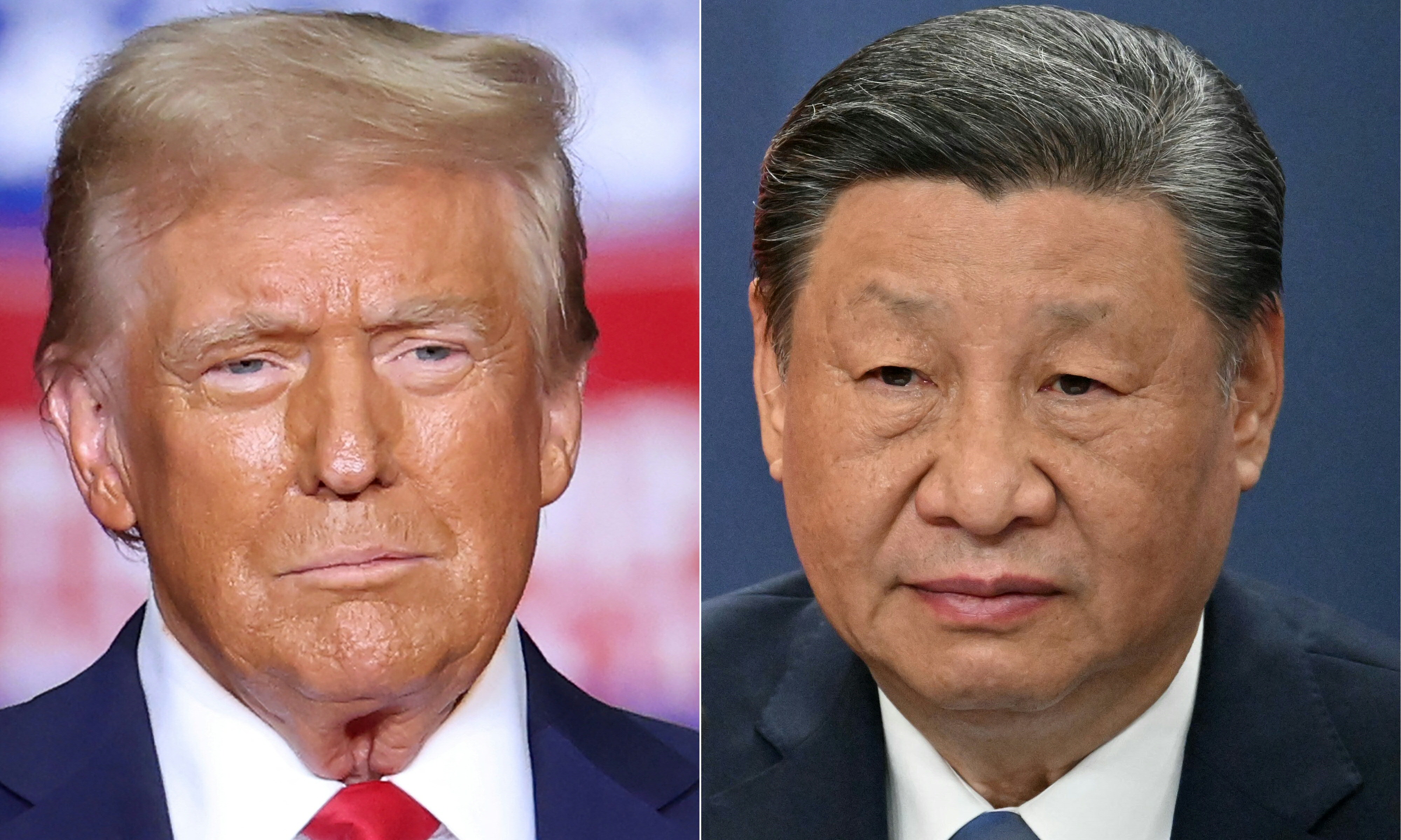 (FILES) (COMBO) This combination of pictures created on November 07, 2024 shows former US President and Republican presidential candidate Donald Trump (L) in Pittsburgh, Pennsylvania on November 4, 2024, and Chinese President Xi Jinping (R) at a press conference in Belgrade, on May 8, 2024.