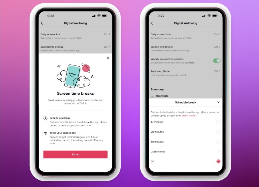 Recordatorios para tomar un descanso del uso de la aplicación
TIKTOK
09/6/2022