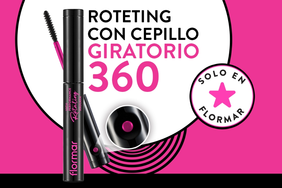 Rotating Mascara tiene un cepillo giratorio de 360° que deja un efecto alargador, rizador y voluminizador de pestañas.