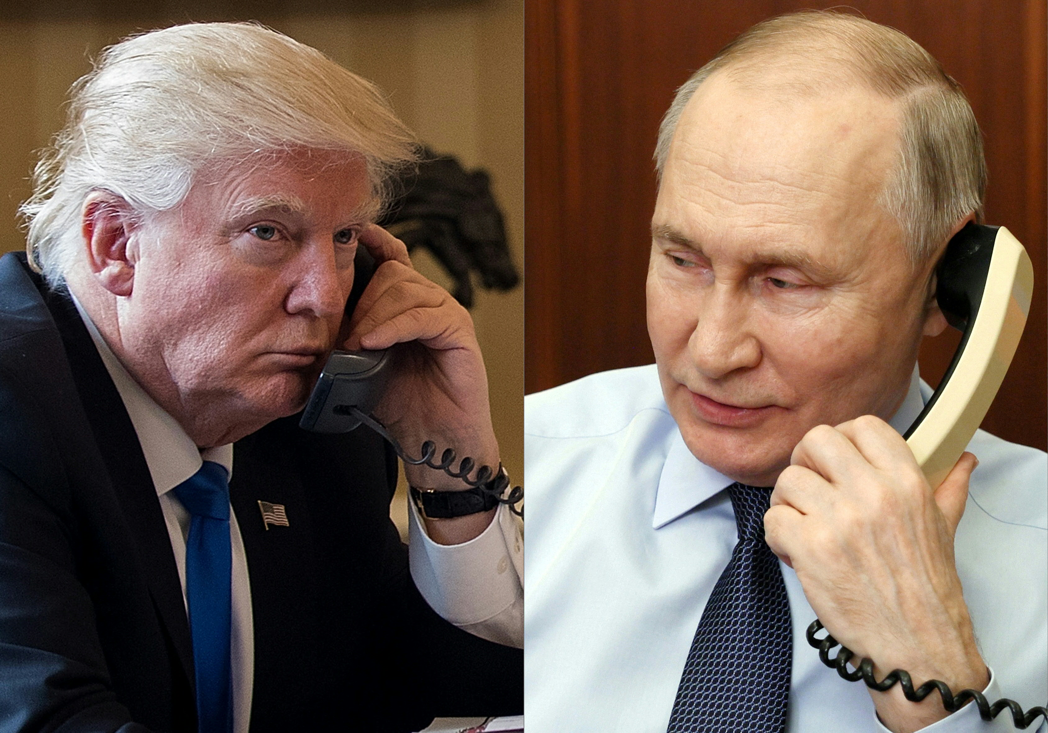 (COMBO) This combination of pictures created on May 19, 2025 shows President Donald Trump (L) on the phone on January 28, 2017 in Washington, and Russia's President Vladimir Putin (R) on the phone Moscow on December 27, 2023.