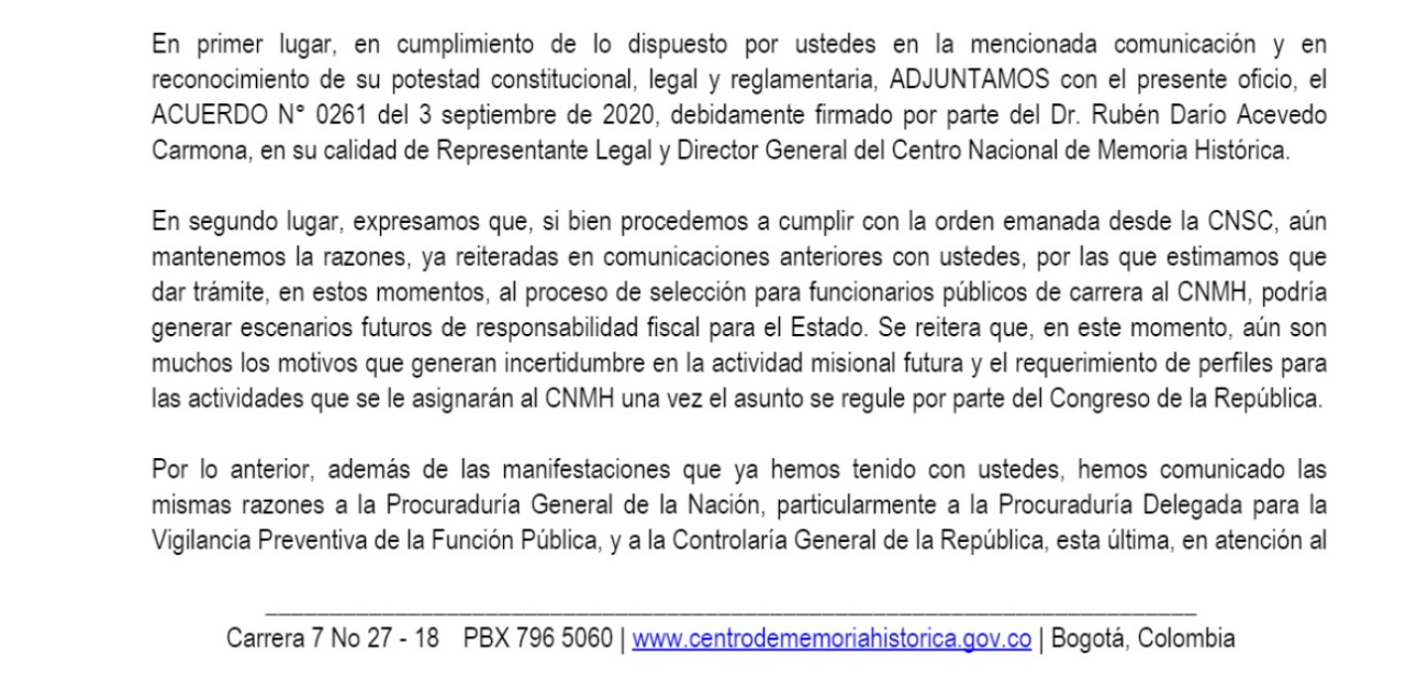 Fragmento de la carta que Darío Acevedo envió a la Procuraduría advirtiendo que el concurso podría generar problemas.