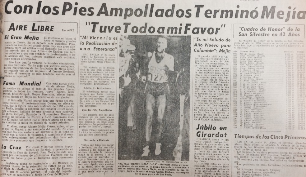 Facsímil de El Espectador del 2 de enero de 1967, titulado con "Los pies ampollados ganó Mejía".